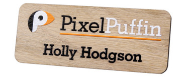 Printed wooden name badges - Real wood name badge with printed logo and text | www.namebadgesinternational.co.uk